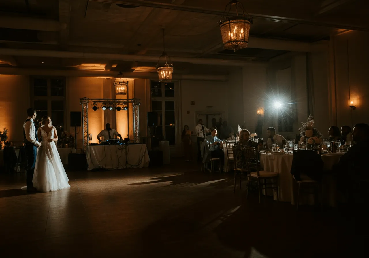 Leere Tanzfläche auf einer Hochzeit, das Brautpaar tanzt allein